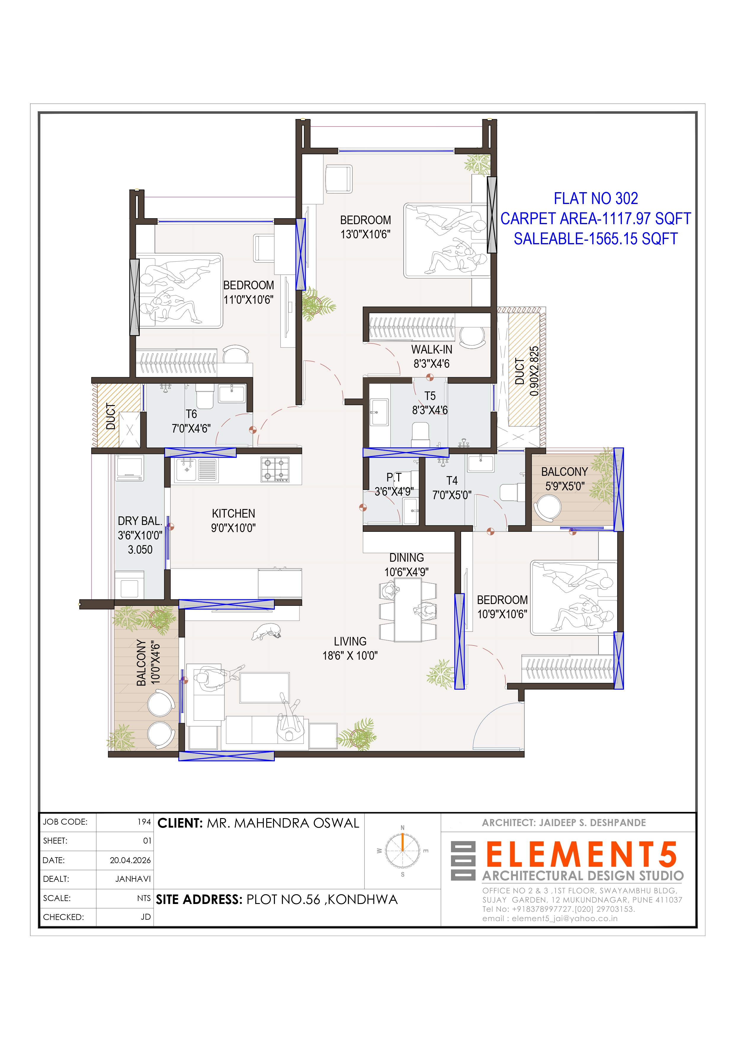 3 BHK floor plan layout